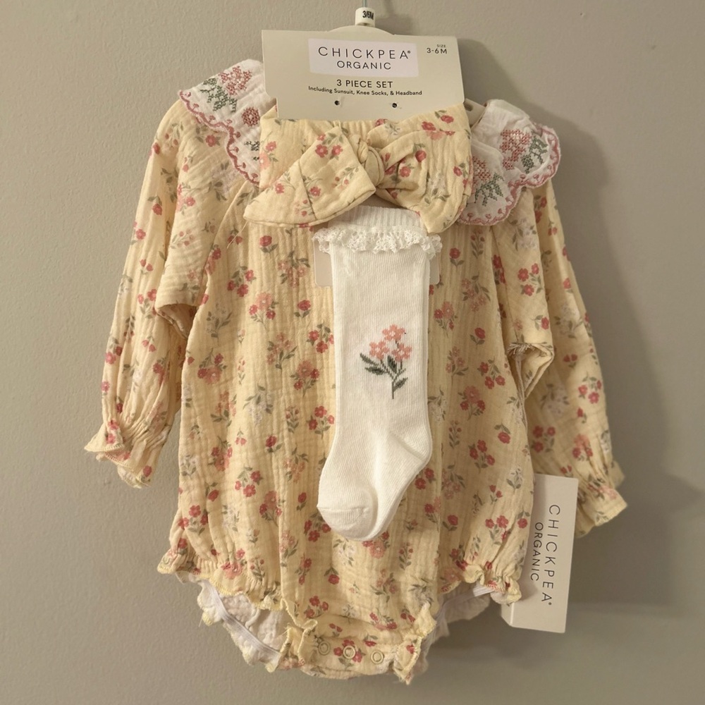 Chickpea Organic Cotton Yellow Floral 3-Piece Baby Set 3-6 Month Summer NWT